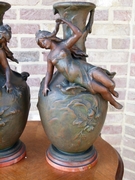 Art-nouveau style Pair vases with lady,s in spelter on marble base, France 1900