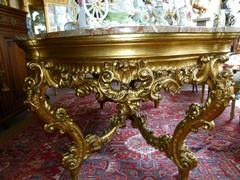 Barock style huge Gilded Italian table with marble top in gilded carved wood and marble, Italy 1860