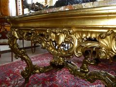 Barock style huge Gilded Italian table with marble top in gilded carved wood and marble, Italy 1860