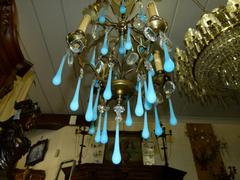 Belle epoque style Lamp with bleu opaline in gilded bronze frame and opaline glass drops, France 1920