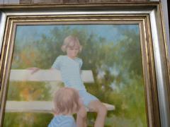 Hans Kitslaar style Painting of two children playing in the park in oil on canvas, Belgium 1970