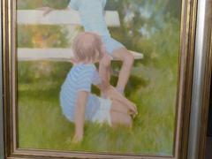 Hans Kitslaar style Painting of two children playing in the park in oil on canvas, Belgium 1970