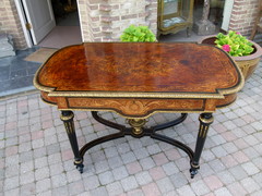Louis 16 Napoleon 3 style Desk table with flower marquetry and gilded bronzes in different woods, France 1880