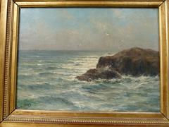 Marine style Painting by Romain Steppe in oil on canvas and gilded frame, Belgium 1920