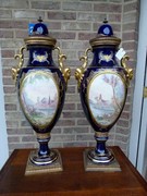 Napoleon III style Pair Sévres vases with romantic scenes by Jules Tiélés à Paris in faience, France 1880