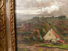 style Painting of a landscape of a small village in oil on canvas in a gilded frame, Belgium 1900
