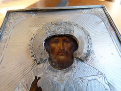 style Russian icon with silver in silver and painted wood, Russia different stamps 84 ,1867, A O, NK and . 1867