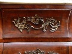 Louis 15 style Chest of drawers in differents woods,marble top and mounred bronzes, France 1880