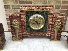 Art-deco style 3 pieces clockset in marble and bronze, France 1930