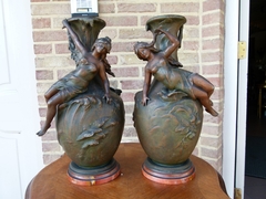 Art-nouveau style Pair vases with lady,s in spelter on marble base, France 1900