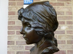 Art-nouveau style Sculpture by E.Villanis of a lady,s buste with foundry stamp in patinated bronze, France 1890