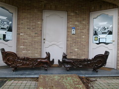 Barock style A sleigh transformed to a pair flower pots with dogs in carved wood, probably Germany 1770