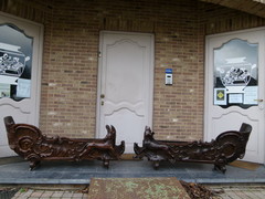Barock style A sleigh transformed to a pair flower pots with dogs in carved wood, probably Germany 1770