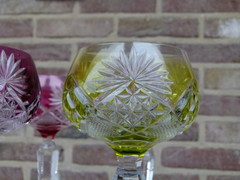 Bell epoque style 6 hand cut Val Saint Lambert  VSL crystal glasses in different colors, Belgium,Liége 1925