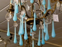 Bell epoque style Lamp with blue opaline drops in bronze, France 1920