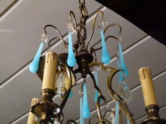 Bell epoque style Lamp with blue opaline drops in bronze, France 1920