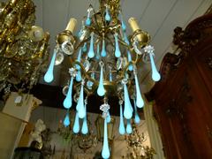 Belle epoque style Lamp with bleu opaline in gilded bronze frame and opaline glass drops, France 1920