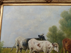 Belle epque style Painting by Paul Schouten of cows and sheep in oil on canvas, Belgium 1900