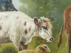 Belle epque style Painting by Paul Schouten of cows and sheep in oil on canvas, Belgium 1900