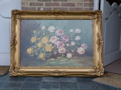 Belle epque style Painting of flowers in oil on canvas, Belgium 1900