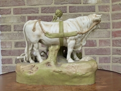 Belle epque style Royal dux sculpture of farmers and cow in bisquit, Austria 1920
