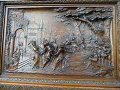 Bruegel style Carved wooden panel of a party in wallnut, France 1880