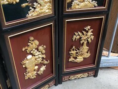 style Chinese 4 panel roomscreen in gilded and colored carved wood, China 1920