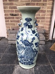 style Chinese celadon vase with a peacock in porcelain, China 1880