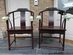 Chinese style Pair armchairs in carved Asiatique wood and carved green stone, China 1940