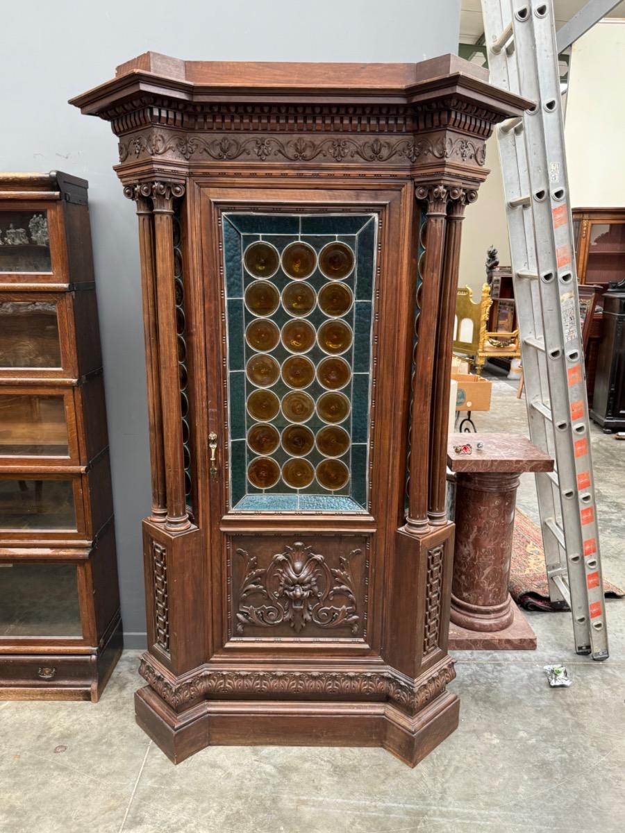 Italian 1 door walnut Cabinet with stained glass 