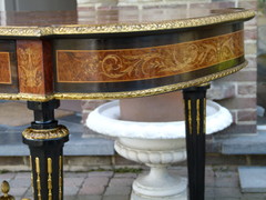 Louis 16 Napoleon 3 style Desk table with flower marquetry and gilded bronzes in different woods, France 1880