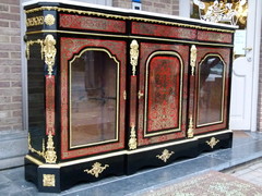 Napoleon 3 style Boulle 3 doors cabinet with tortoiseshell marquetry in ebonised wood,gilded bronze and marble top, France 1870