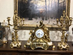 Napoleon 3 style Huge 3 pieces clockset with angel and women in Louis 16 style in gilt bronze and carrara marble, France 1870