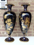 Napoleon 3 style Pair vases in cobalt blue and gilt decoration of flowers in Limoges porcelain, France 1880