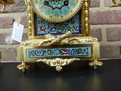 Napoleon III style Clockset with cloisonné and cherub in gilded bronze, France 1880