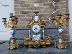 Napoleon III style Clockset with Sevrés porcelain in gilded spelter, France 1880