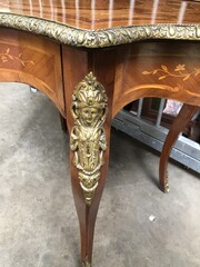 Napoleon III style Desk or table with drawer and marquetry with bronzes in diffirent woods, France 1880