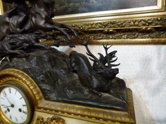 Napoleon III style Huge clockset with hunter in patinated and gilded bronze with white marble, France 1880