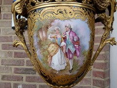 Napoleon III style Huge pair Sévres porcelain vases with romantic scenes in Sévres porcelain and gilded bronze, France 1870