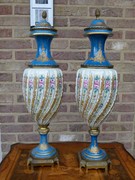 Napoleon III style Pair light blue vases with flower decorations in Sévres porcelain and gilded bronzes, France 1880