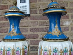 Napoleon III style Pair light blue vases with flower decorations in Sévres porcelain and gilded bronzes, France 1880