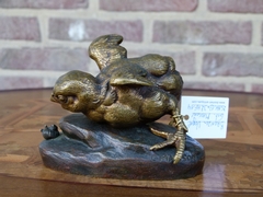 Napoleon III style Sculpture by C.Masson of a young bird playind with a snail in two colours patinated bronze, France 1880
