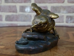 Napoleon III style Sculpture by C.Masson of a young bird playind with a snail in two colours patinated bronze, France 1880