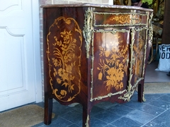 Napoleon III style Two door cabinet with flower marquetry and red marble top in different woods, gilded bronze and marble, France 1860