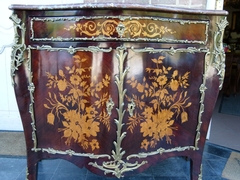 Napoleon III style Two door cabinet with flower marquetry and red marble top in different woods, gilded bronze and marble, France 1860