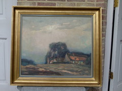 style Painting of a farm by Jacques Douven 1908-2002 in gilded frame in oil on canvas , Belgium 1960