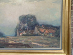 style Painting of a farm by Jacques Douven 1908-2002 in gilded frame in oil on canvas , Belgium 1960