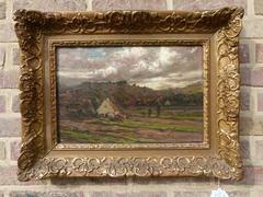 style Painting of a landscape of a small village in oil on canvas in a gilded frame, Belgium 1900